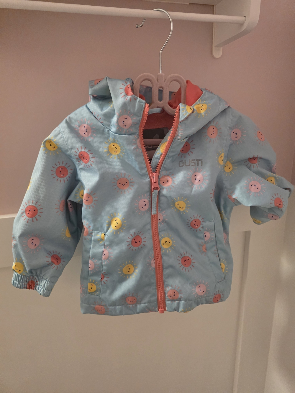 Gustin Blue Hooded Raincoat with Pink and Yellow Sun Faces And Splash Pant Set